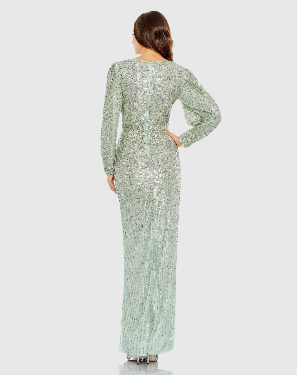 Green Embellished Faux Wrap Puff Sleeve Gown