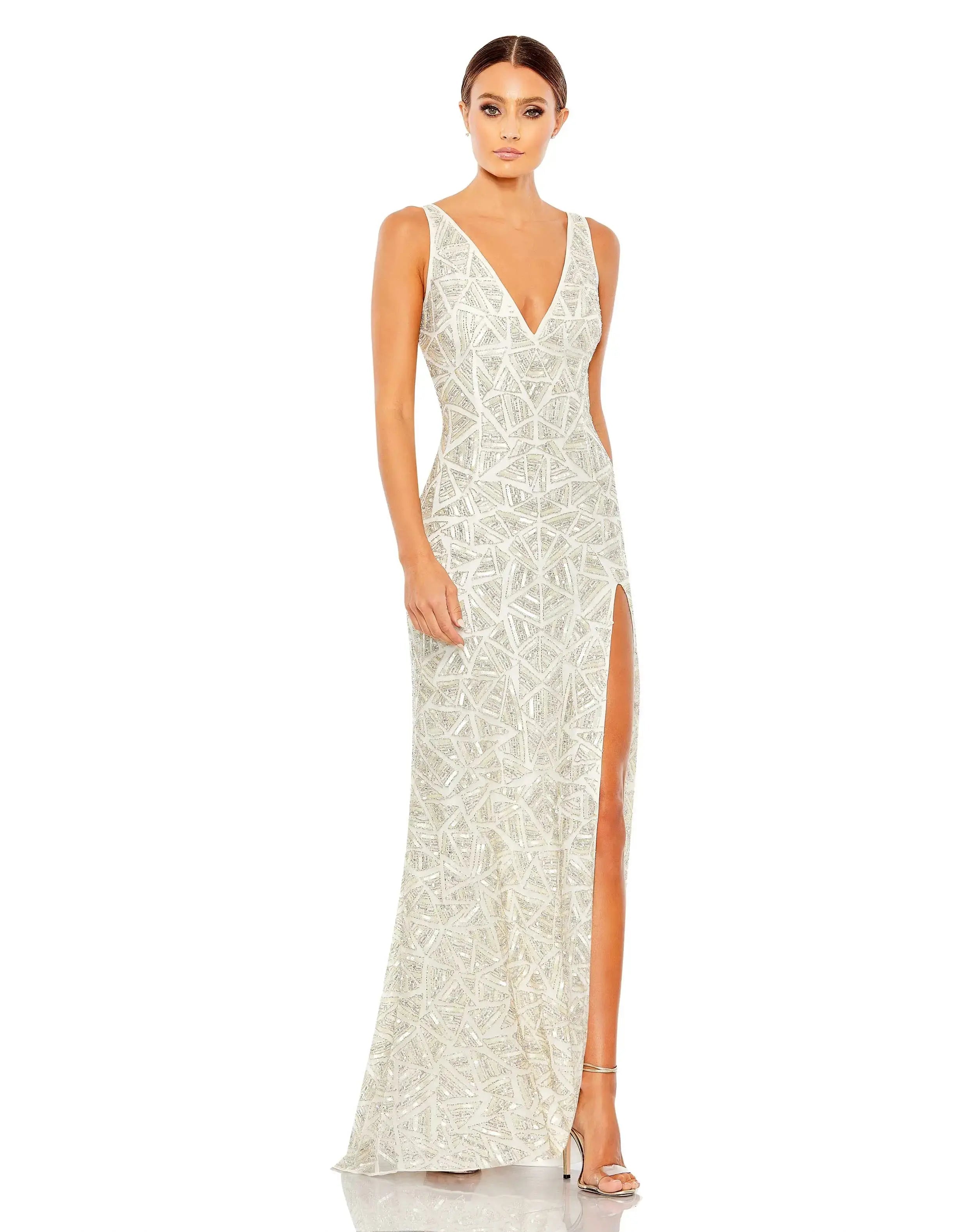 White Sleeveless V Neck Embellished Gown