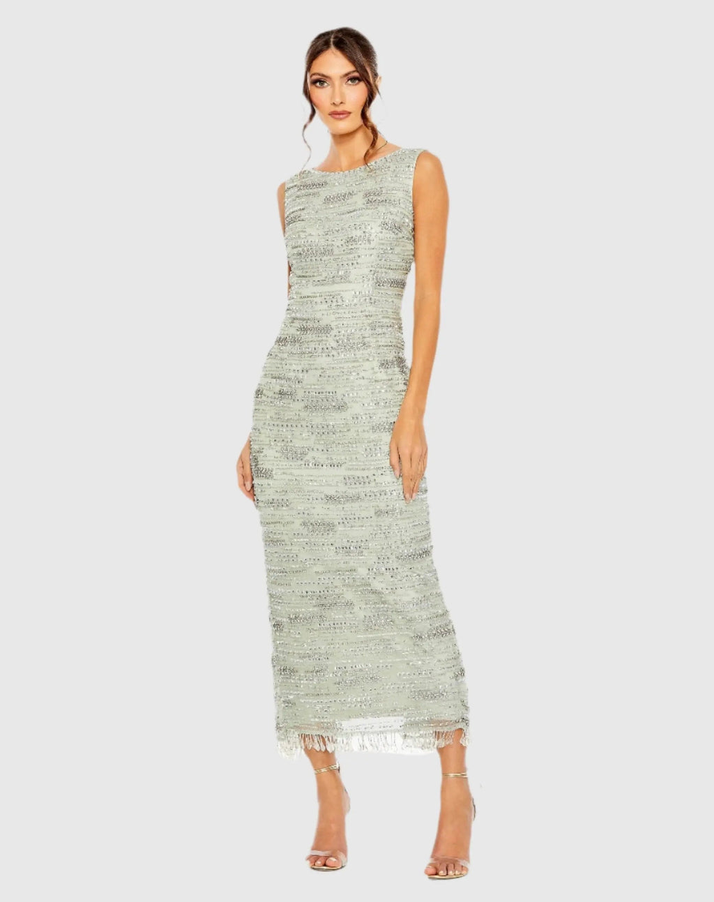 Green Sleeveless Crystal Fringe Column Dress
