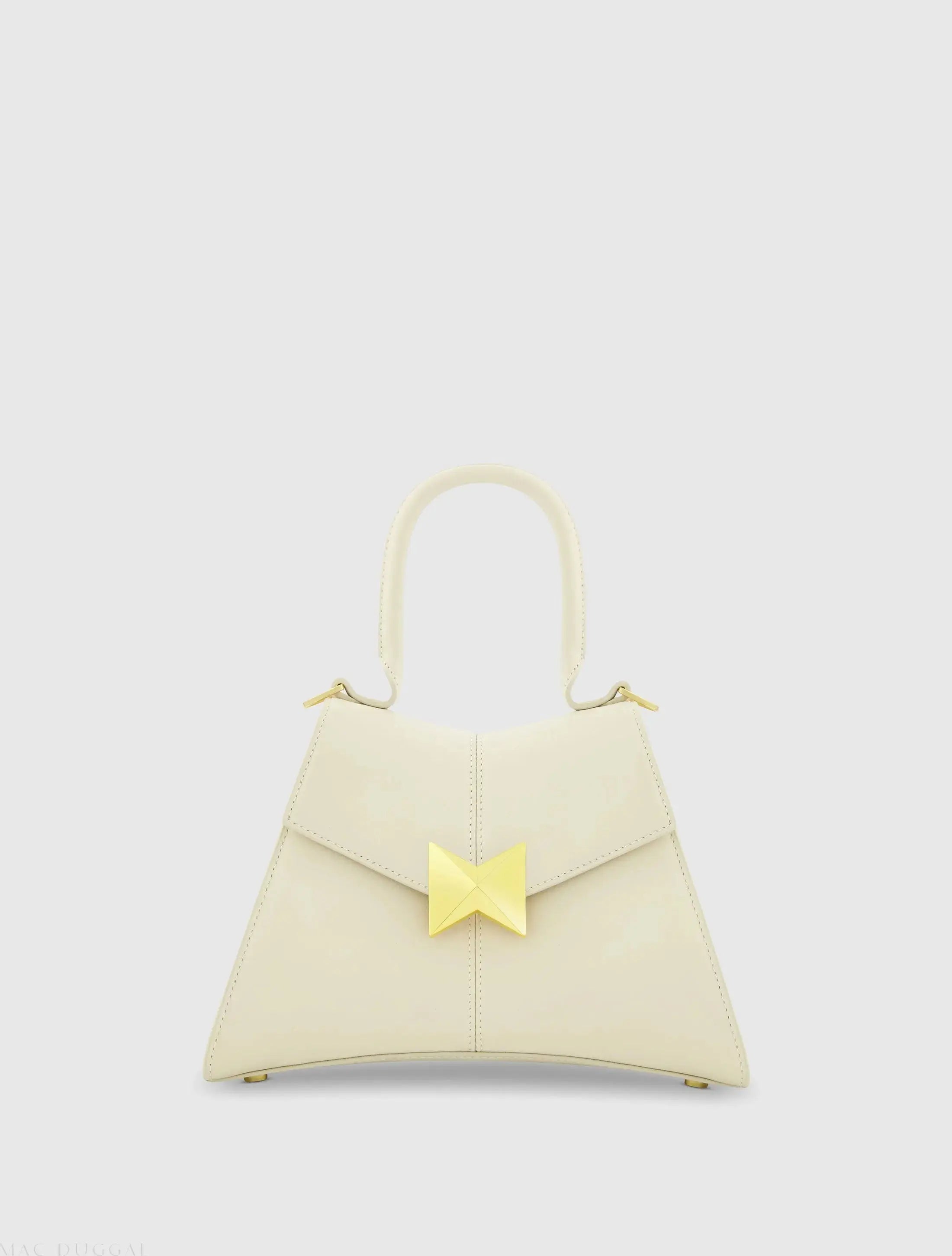 White Angular Small Leather Handbag With Gold Hardware