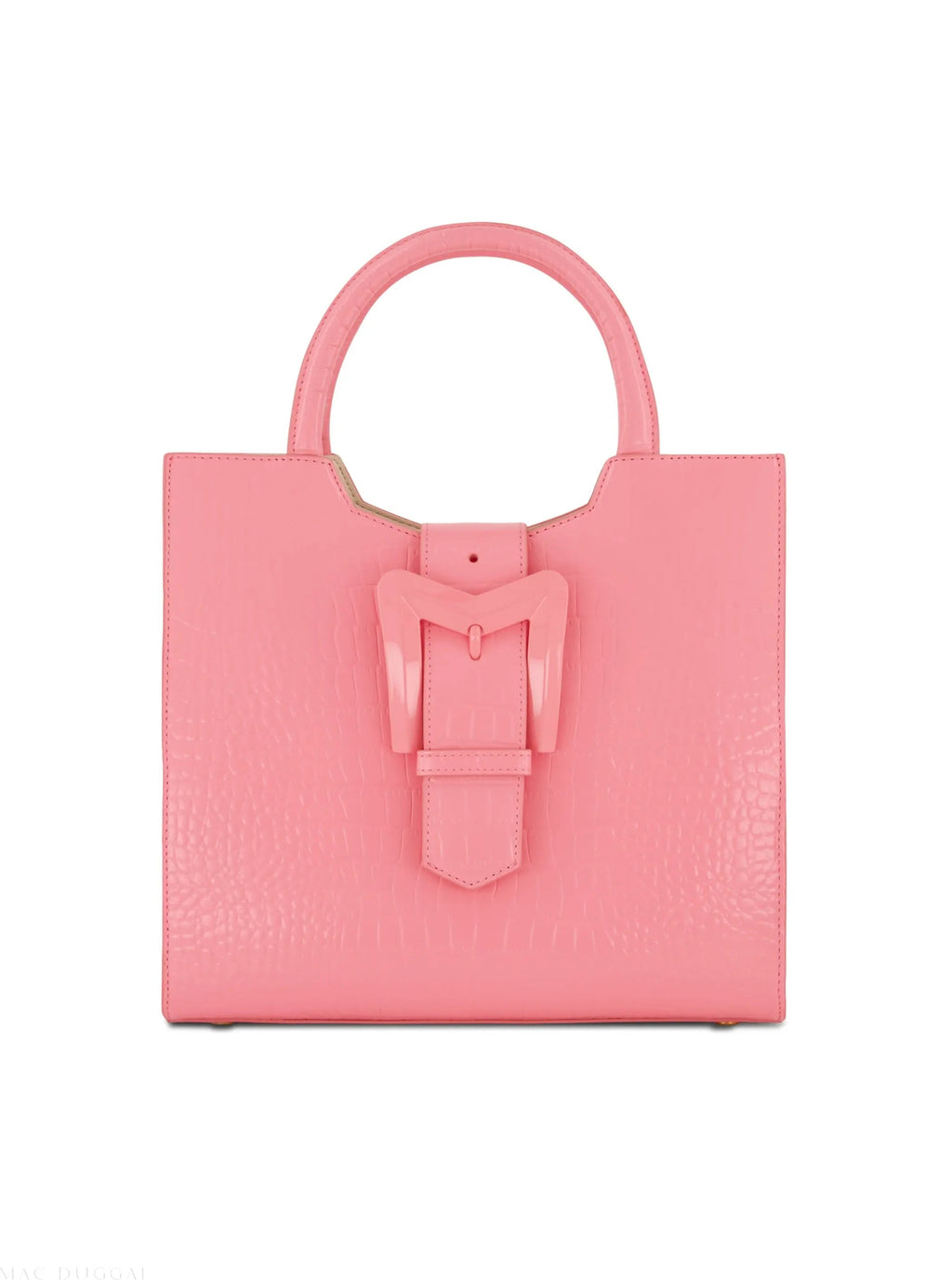Pink Buckled Medium Croco Leather Tote Bag with Detachable Strap