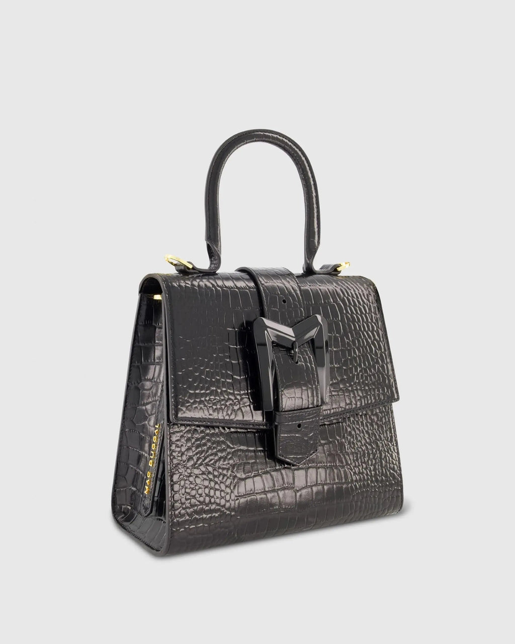 Black Buckled Medium Croco Leather Handbag with Detachable Strap