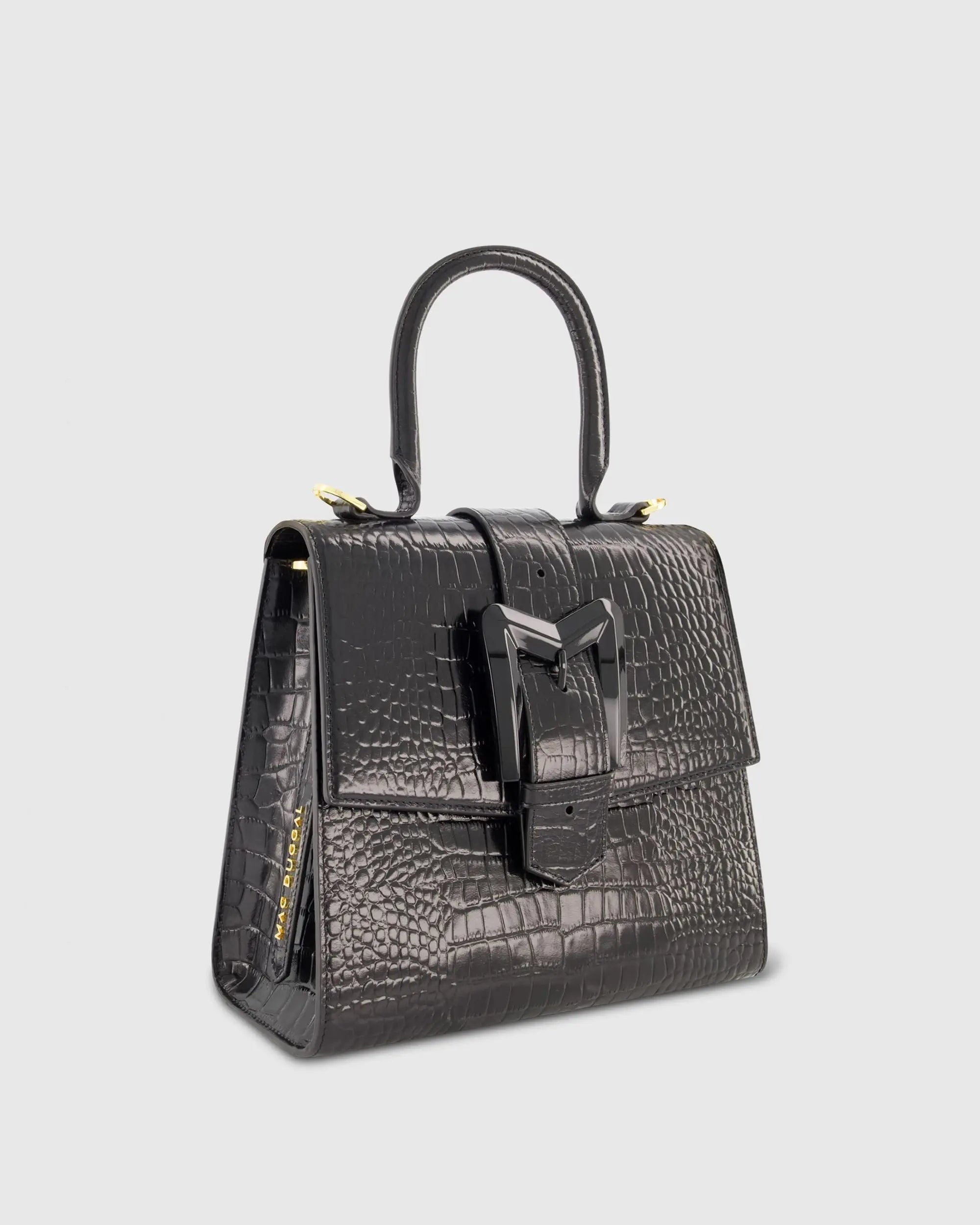 Black Buckled Medium Croco Leather Handbag with Detachable Strap