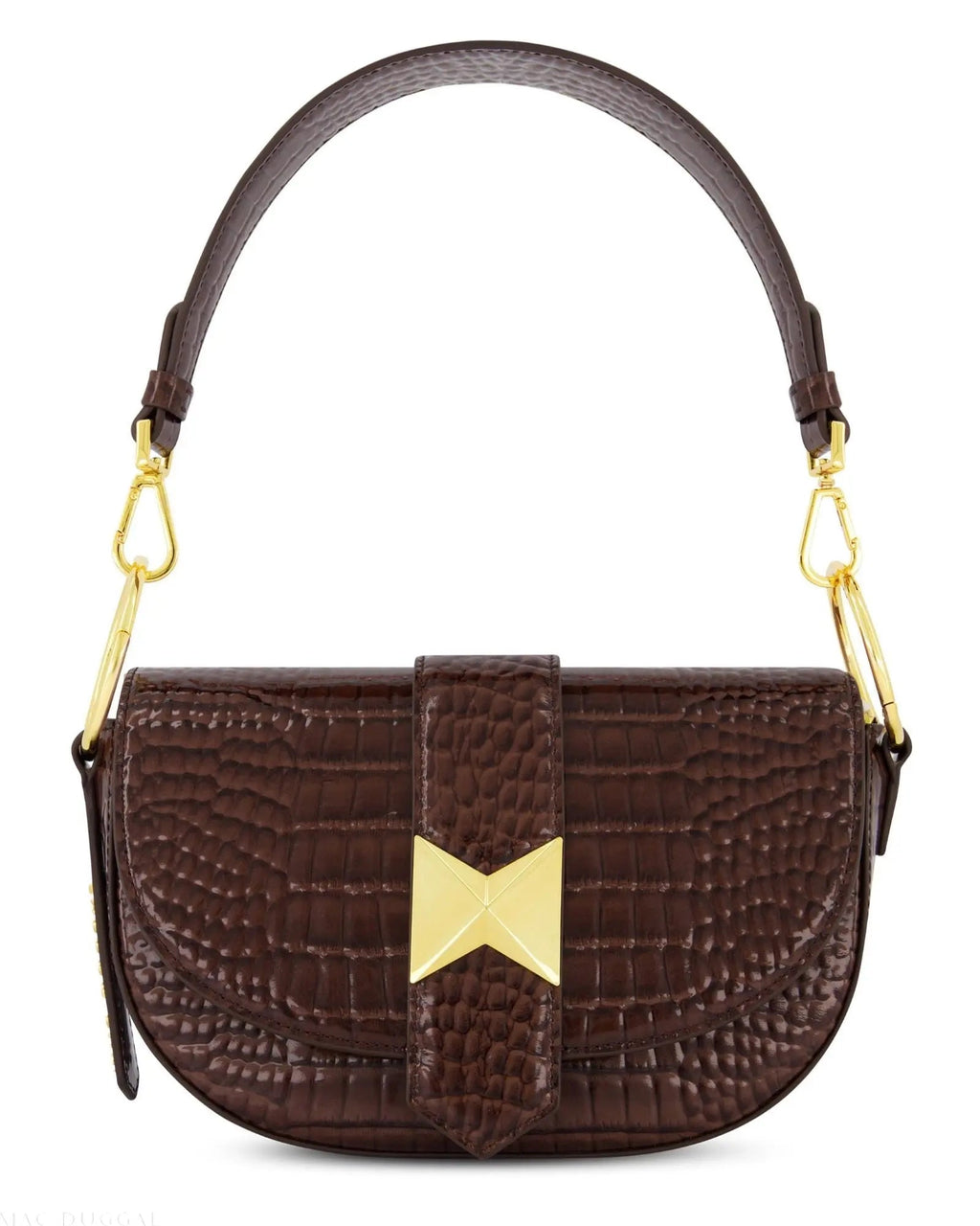 Brown Crocodile Leather Saddle Bag With Gold Hardware