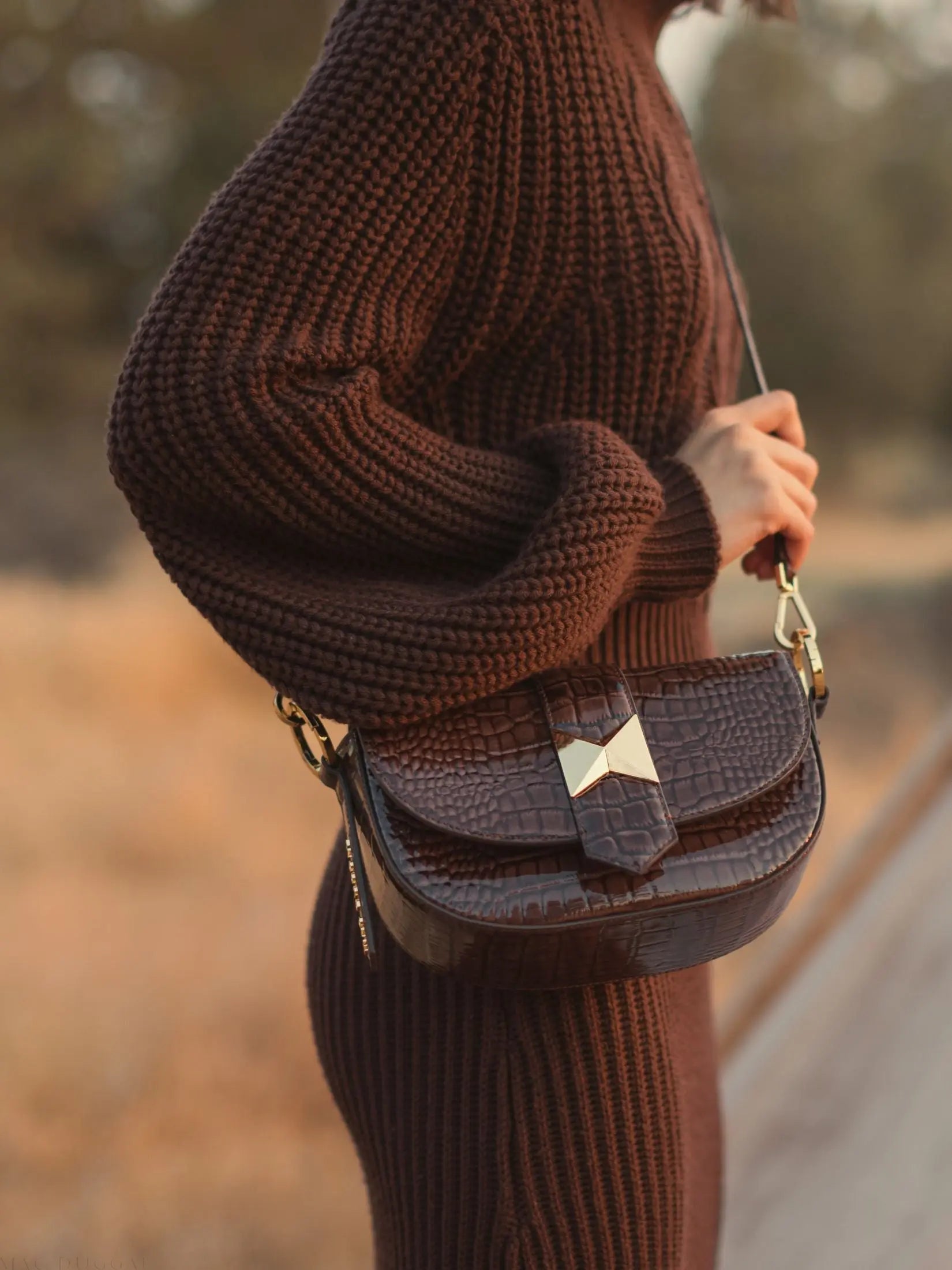 Brown Crocodile Leather Saddle Bag With Gold Hardware