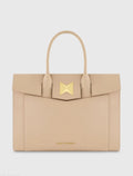 Beige Large Leather Briefcase Bag With Gold Hardware