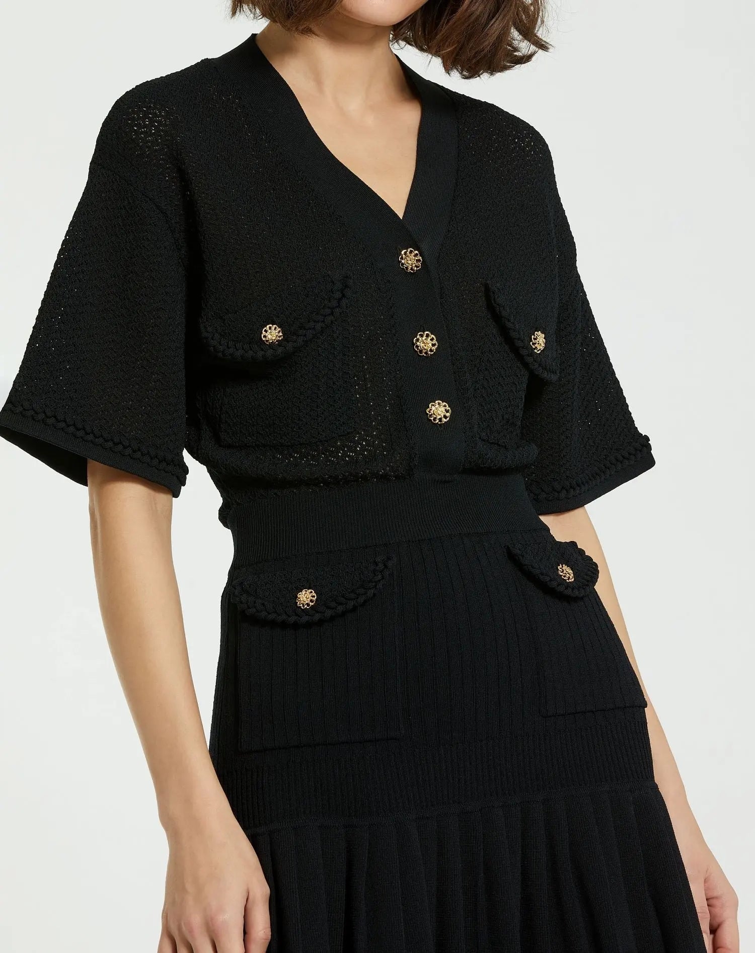 Black Short Sleeve Gold Button Front Crochet Knit Dress with Pleated Hem - FINAL SALE