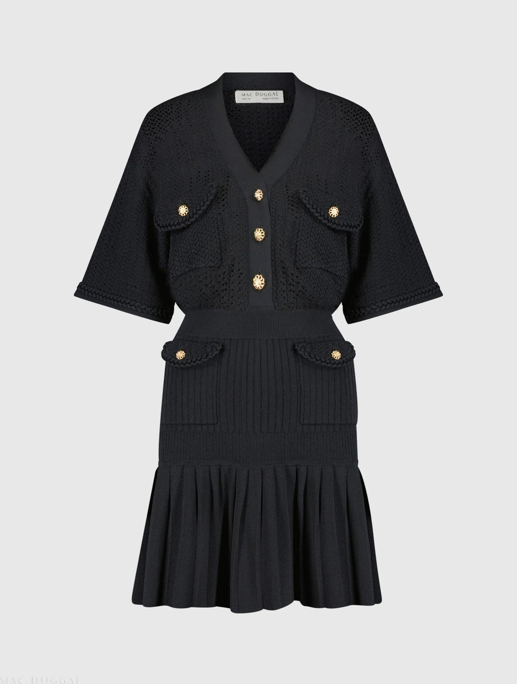Black Short Sleeve Gold Button Front Crochet Knit Dress with Pleated Hem - FINAL SALE