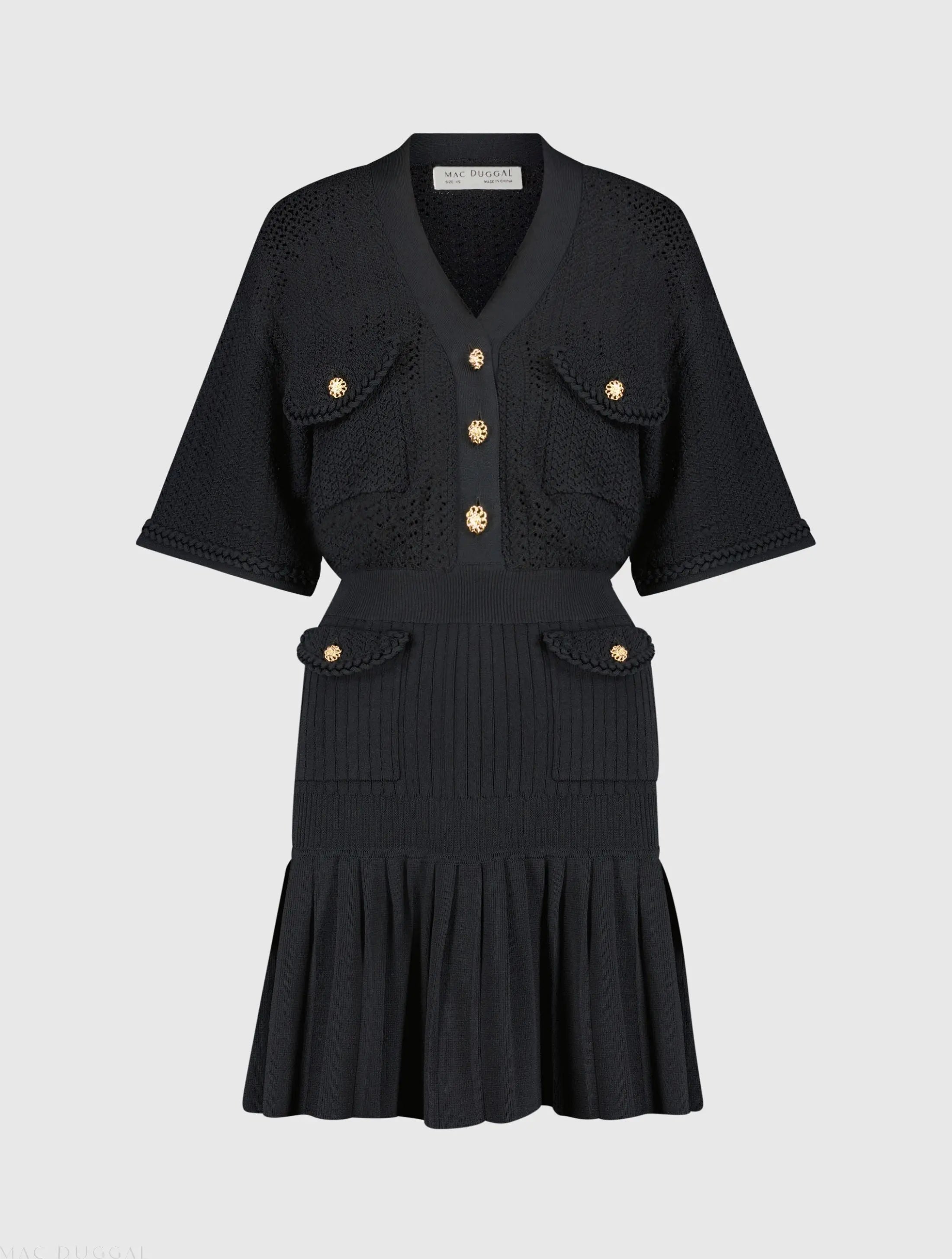 Black Short Sleeve Gold Button Front Crochet Knit Dress with Pleated Hem - FINAL SALE
