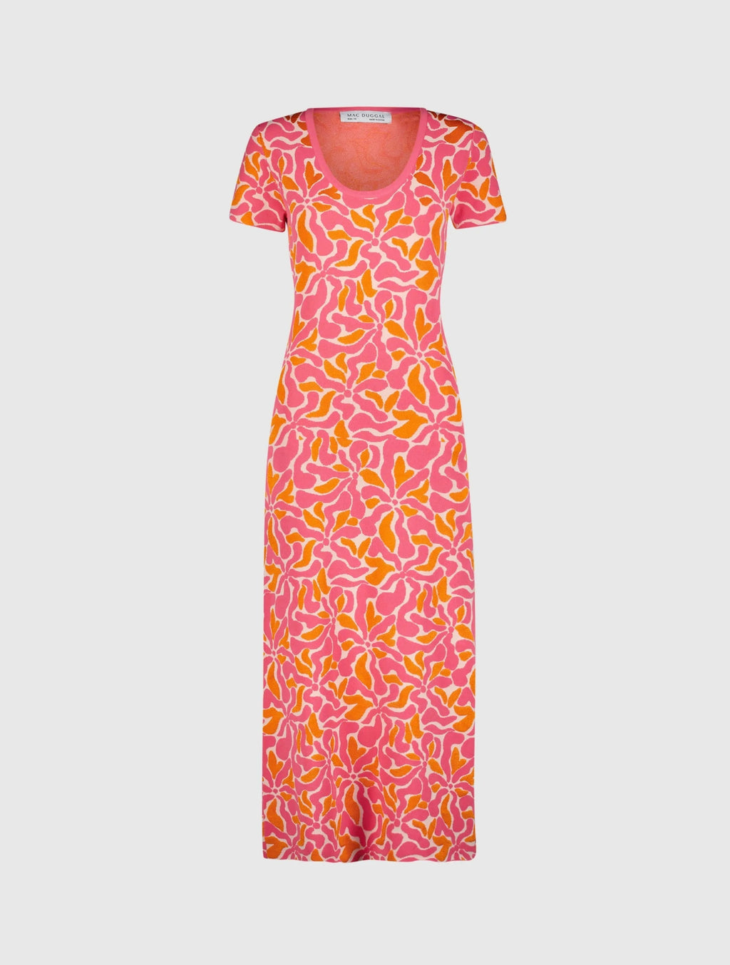 Pink Short Sleeve Scoop Neck Floral Knit Maxi Dress