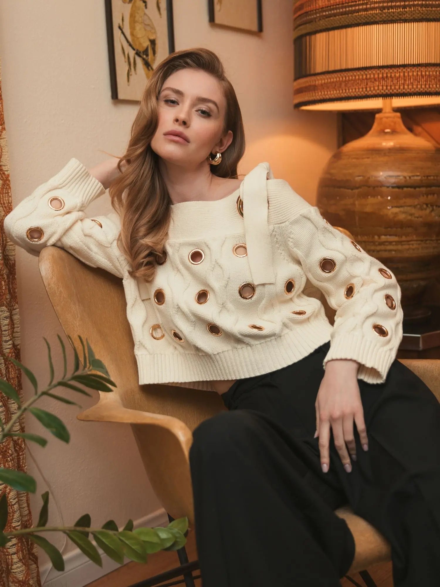 Ivory Chunky Knit Off The Shoulder Grommet Cropped Sweater - FINAL SALE