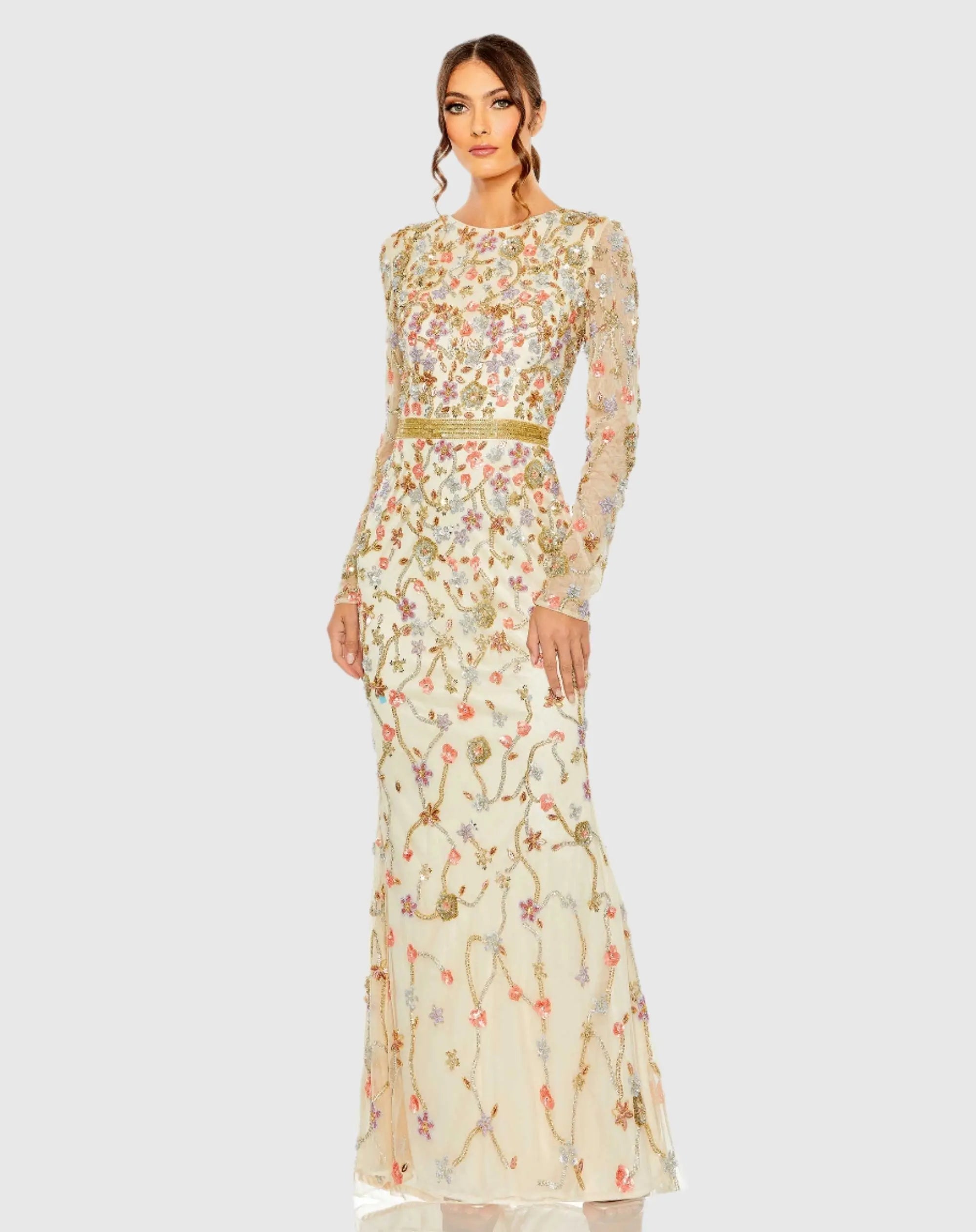White Long Sleeve Floral Embellished Gown