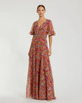 Multicolor Floral Printed Chiffon Flutter Sleeve Gown