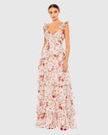 Pink Ruffled Sleeveless Draped Tiered Floral Print Gown