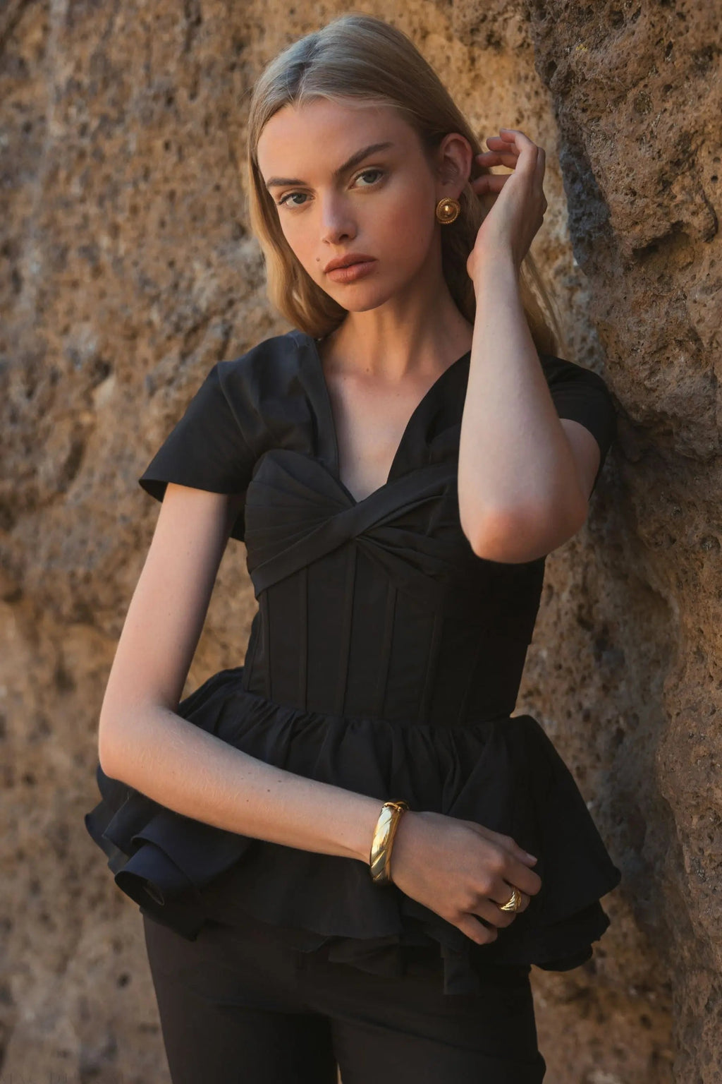 Black Faille Twist Bustier Peplum Top