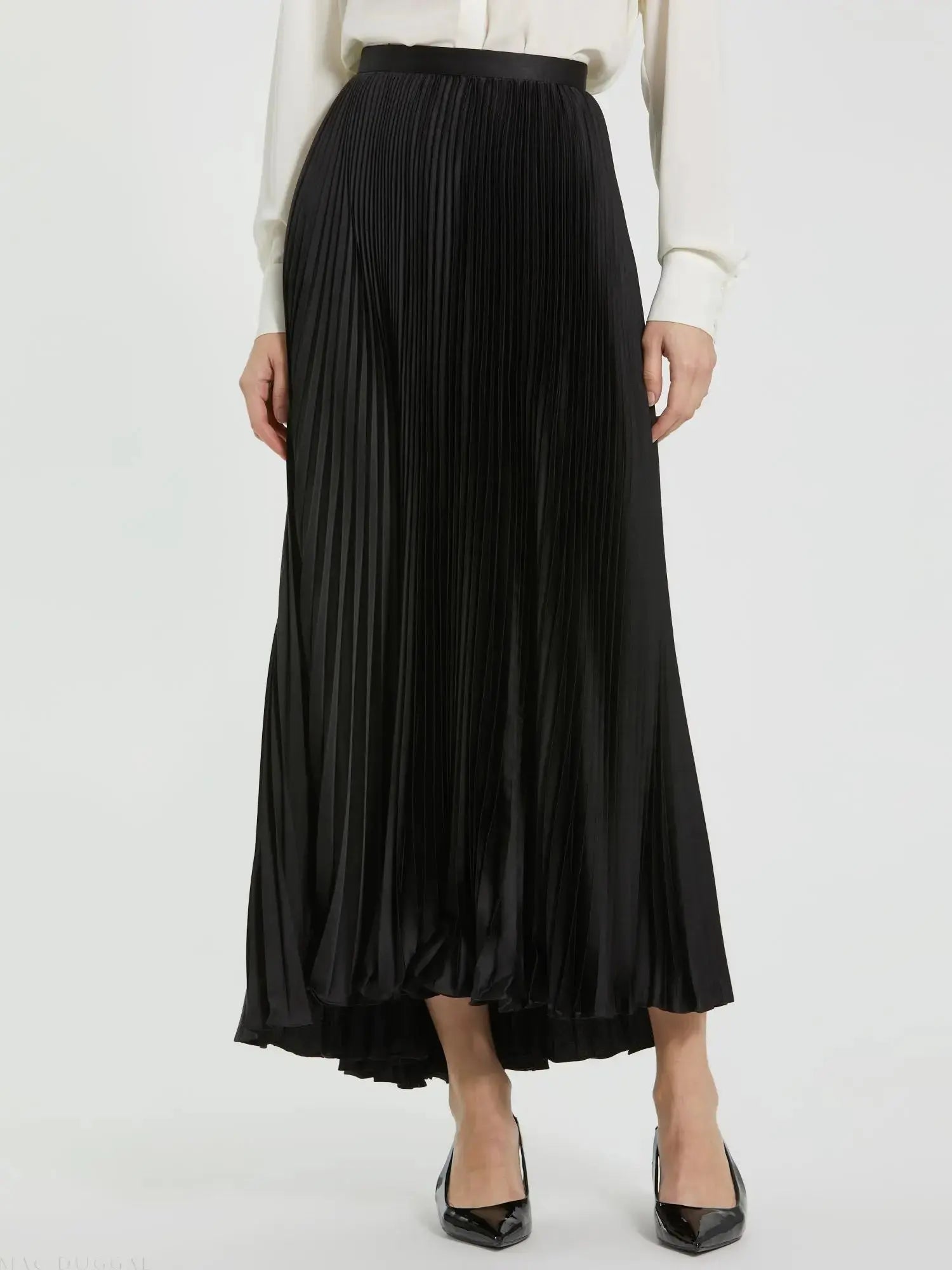 Black Ankle Length Satin Pleated Skirt