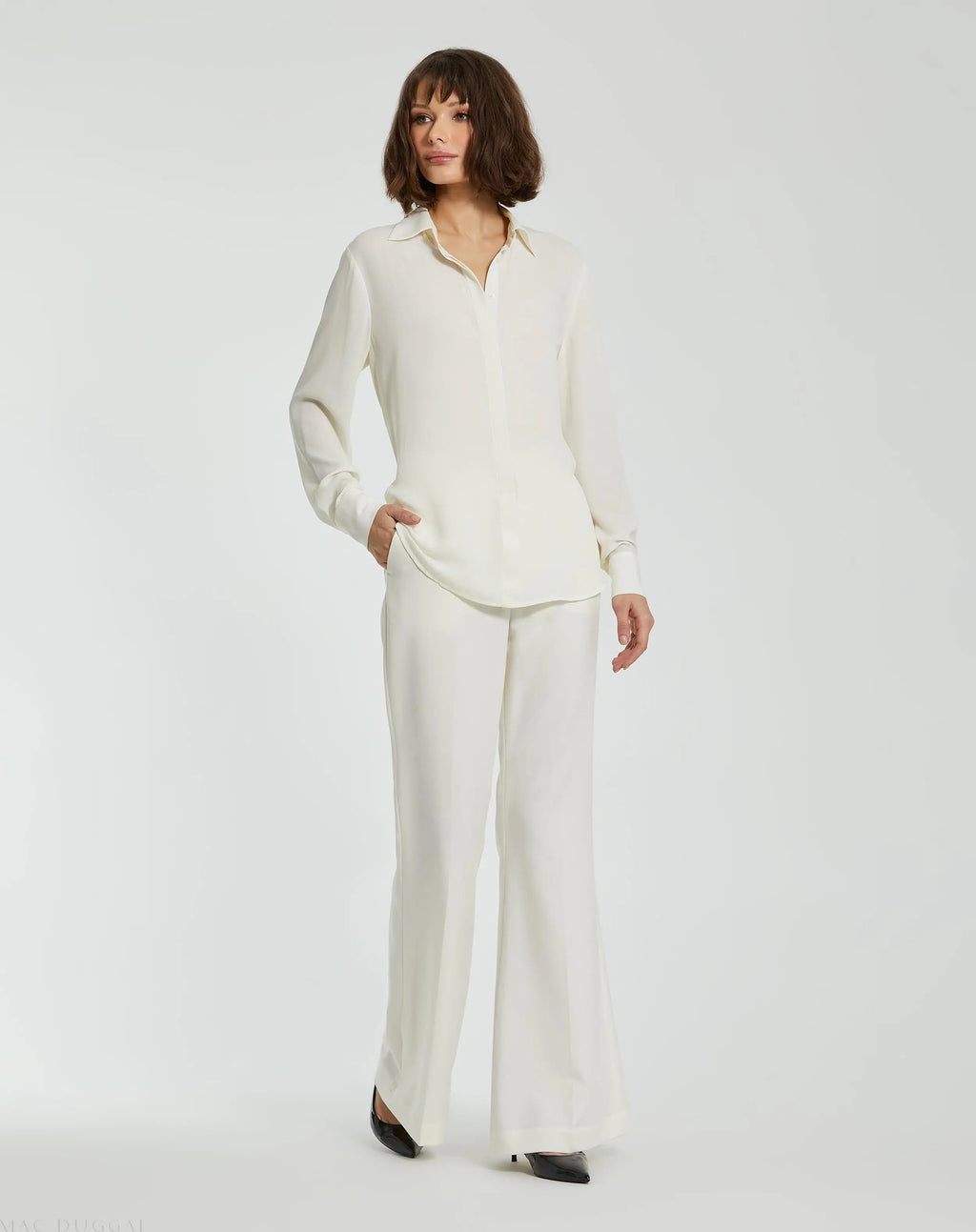 The Bentley White Long Sleeve Button Up Georgette Blouse - FINAL SALE