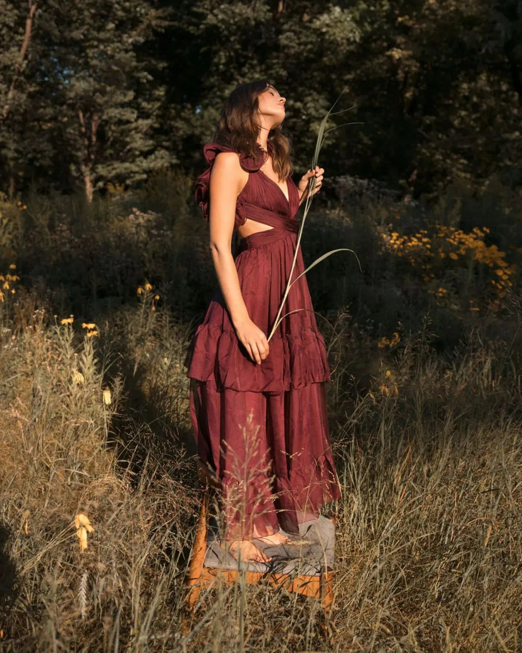 Dark Red Ruffle Tiered Cut-Out Chiffon Dress - FINAL SALE