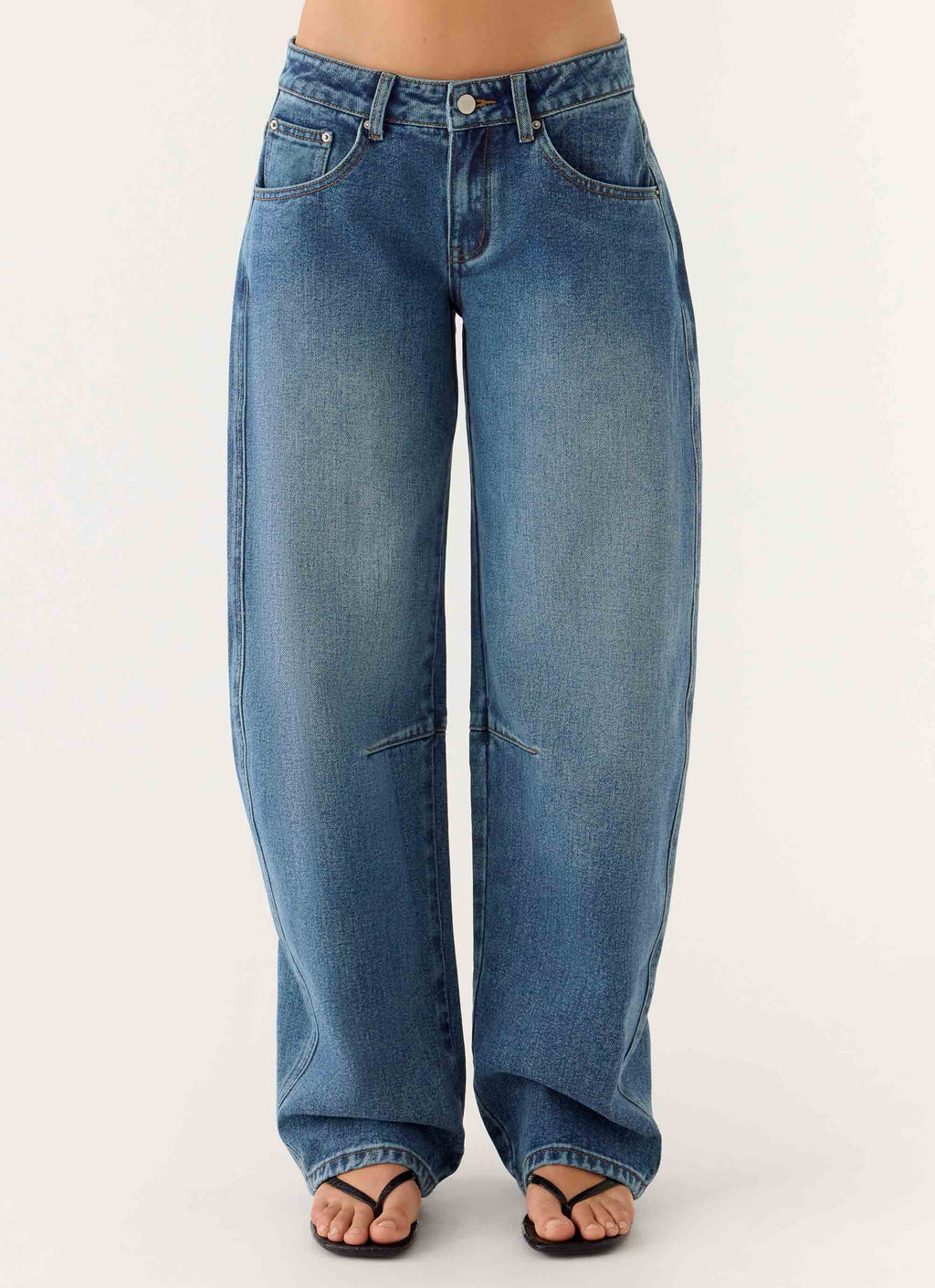 Stevie Low Rise Barrel Leg Jeans - Mid Wash Blue