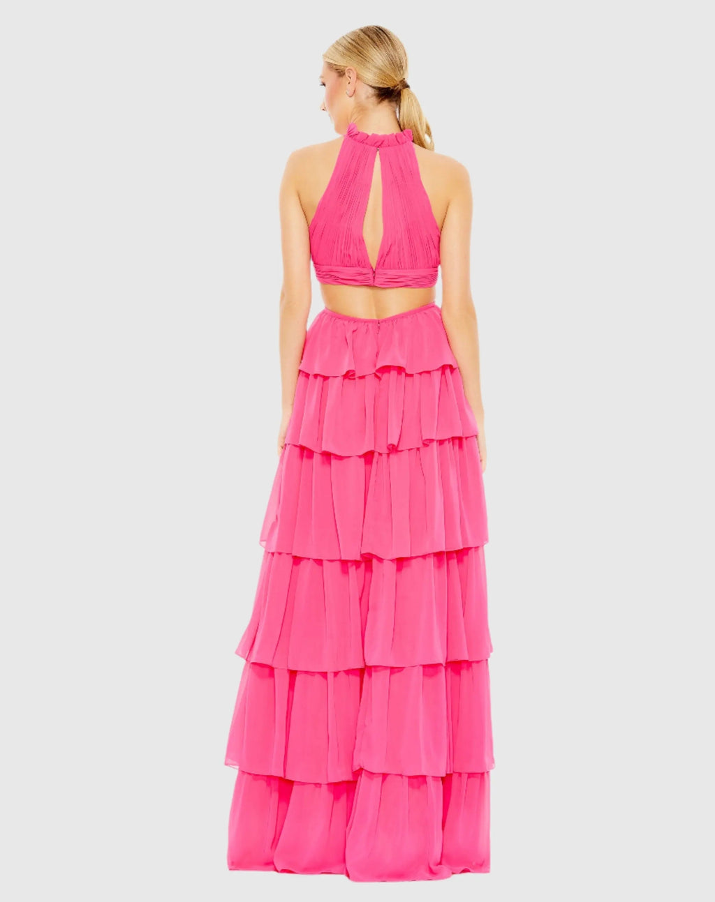 Pink Tiered Ruffle Pleated High Neck Gown with Cut Outs